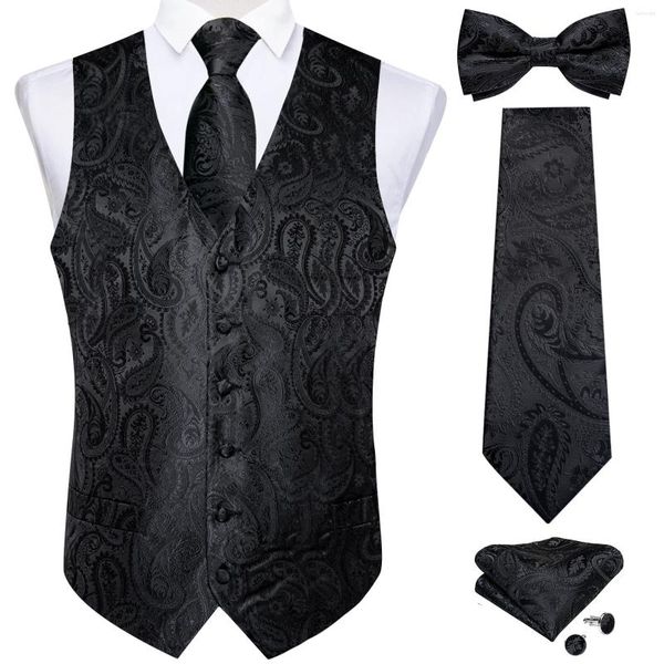 Gilets pour hommes Hommes Classic Black Paisley Vest Set pour la fête de mariage Business Mode V-Col Gilet Cravate Bow Tie Mouchoir Bouton de manchette
