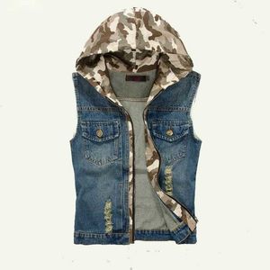 Heren Vesten Mannen Denim Vest Mouwloos Jean Jasje Camouflage Hooded Koreaanse Mode Heren Denim Vest Jeans Chaleco Hombre