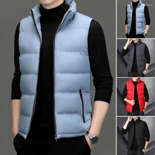 Gilets pour hommes Hommes Down Vest Automne Hiver Stand Col Double Poches Fermeture À Glissière Casual Solide Couleur Mâle Sans Manches Gilet Top