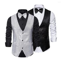 Gilets pour hommes Hommes Dressy Sequin Vest Bow Tie Set pour Retro Disco Groom Wedding Party Gilet avec col en V brillant spécial