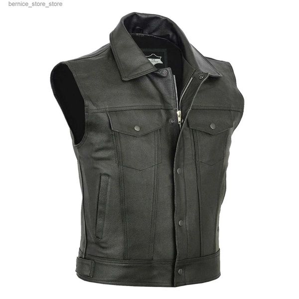 Gilets pour hommes Hommes Mode Manteau sans manches Casual Solide Gilet Moto Flotte Punk Cuir Gilet Top Zipper Revers Cool Boy Streetwear Mâle Q231208