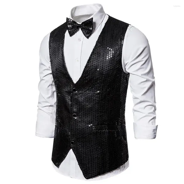 Chalecos para hombres Hombres Moda Chaleco Lentejuelas Chaleco Pajarita Conjunto para Retro Disco Novio Fiesta de boda con brillante V Especial