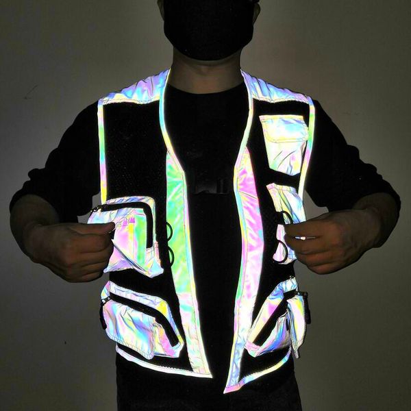 Chalecos para hombres Men pescando chaleco colorido reflectante reflectante chaqueta sin mangas de bolsillo reflejan chalecos de mosaico de luz Erkekler Ceket 230812