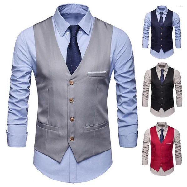 Gilets pour hommes hommes gilet formel gilet d'affaires coupe ajustée col en V avec tissu soyeux anti-rides simple boutonnage pour le marié