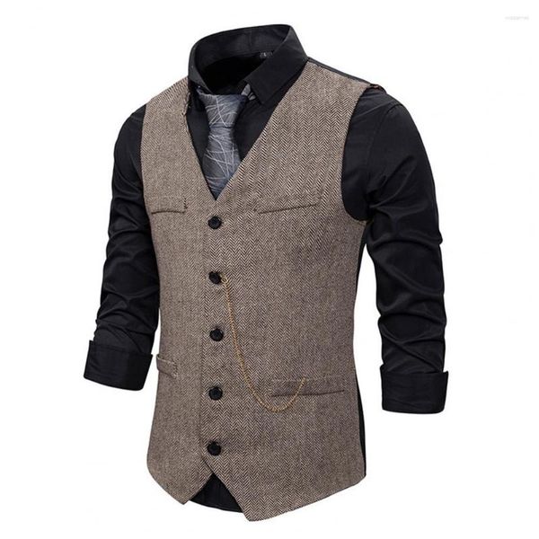 Chalecos para hombre, chaleco Formal para hombre, chaleco de negocios, decoración de cadena, sin mangas, cuello en V de un solo pecho, abrigo con bolsillos de parche antiarrugas