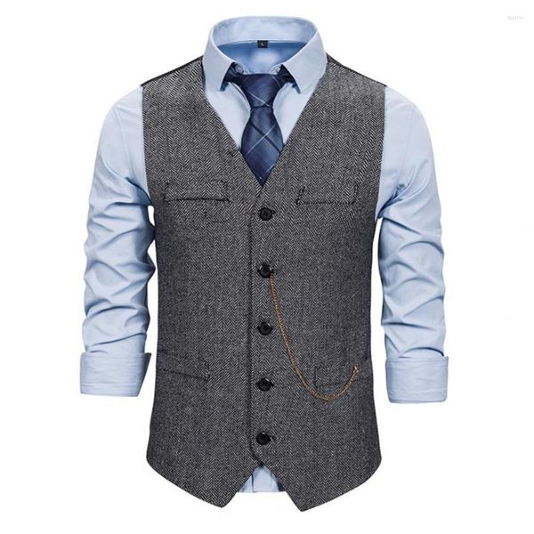 Chalecos para hombre, chaleco Formal para hombre, chaleco de negocios, decoración de cadena, sin mangas, ajustado, de un solo pecho, cuello en V, abrigo con bolsillos de parche antiarrugas