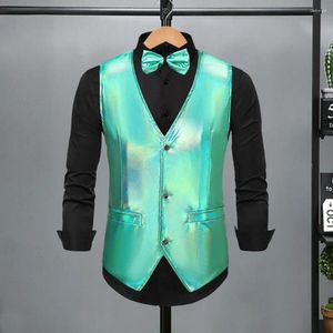 Gilets pour hommes Hommes Gilet formel Rétro Disco Groom Gilet de mariage Gilet Bow Tie Ensemble avec surface brillante Col en V pour spécial