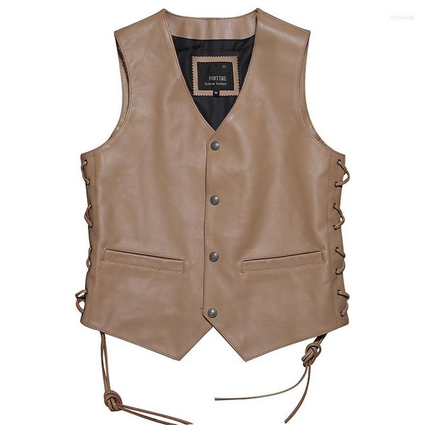 Gilets pour hommes Hommes Véritable Gilet en cuir de vachette Moto Biker réglable à lacets Gilet sans manches Veste