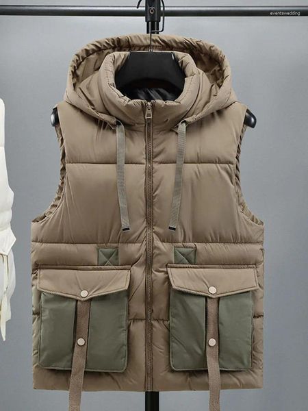 Gilets pour hommes hommes à capuche noir coréen mode épaissir sans manches veste rembourrée décontracté mâle manteau automne hiver chaud cargo gilet