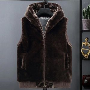 Chalecos para hombres Chaqueta para hombres Chaleco de trabajo al aire libre Acogedor invierno Peluche de piel sintética Chaleco con capucha con bolsillos con cierre de cremallera Plus para suave