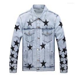 Chalecos para hombre, chaqueta vaquera elástica con parches de estrellas de cuero para hombre, ropa de calle, abrigo con flecos, ropa de abrigo azul claro