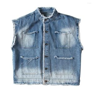 Herenvesten Heren Los denim vest Fringe Ripped Kleurverloop Vest Mouwloos Zakken Tanktop Blauw Zwart