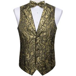 Hommes Gilets Hommes De Luxe Paisley Gilet En Soie Sans Manches Slim Fit Robe Gilet Mode Noeud Papillon Poche Carré Boutons De Manchette Ensemble Chemise Accessoires 230705