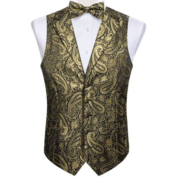 Chalecos de los hombres Hombres Chaleco de Paisley de lujo Seda sin mangas Slim Fit Vestido Chaleco Moda Pajarita Bolsillo Cuadrado Gemelos Conjunto Camisa Accesorios 230705