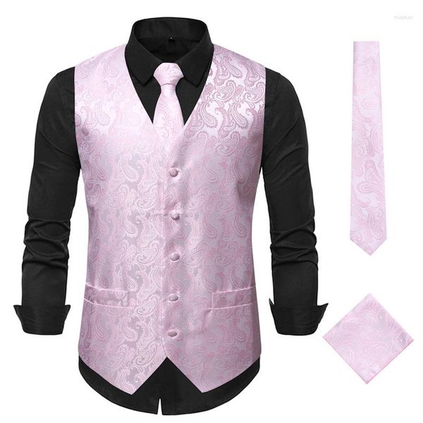 Chalecos para hombre, chaleco de Cachemira para hombre, elegante chaleco rosa Jacquard, corbata, pañuelo, conjunto de 3 piezas, fiesta, boda, banquete, vestido ajustado para hombre 3XL