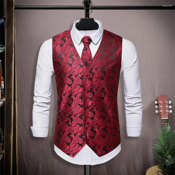 Gilets pour hommes Hommes Party Vest V Col Élégant Rétro Groom Gilet de mariage avec imprimé sans manches Slim Fit Pocket Square pour