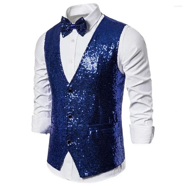 Chalecos para hombres Hombres Poliéster Traje Chaleco Lentejuelas Sin mangas Slim Fit Bow Set para el espectáculo de escenario Emcee Performance Cuello en V de un solo pecho