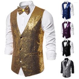 Chalecos para hombres Hombres Poliéster Traje Chaleco Chaqueta de un solo pecho Lentejuelas Sin mangas Slim Fit Bow Set para espectáculo de escenario Emcee