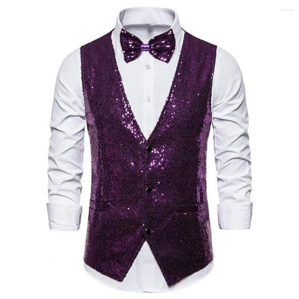 Gilets pour hommes Hommes Polyester Costume Gilet Veste de couleur unie Sequin Slim Fit Bow Set pour spectacle de scène Emcee Performance