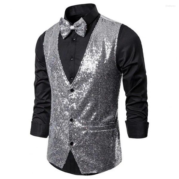 Gilets pour hommes Hommes Polyester Costume Gilet élégant avec cravate pailletée sequin sans manches Slim Fit Bow Set pour spectacle de scène Emcee