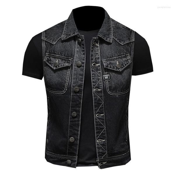 Hommes Gilets Hommes Marque BONJEAN Hommes Noir Moto Denim Gilet Printemps Automne Classique Sans Manches Biker Jean Veste Hommes Slim Fit Casual