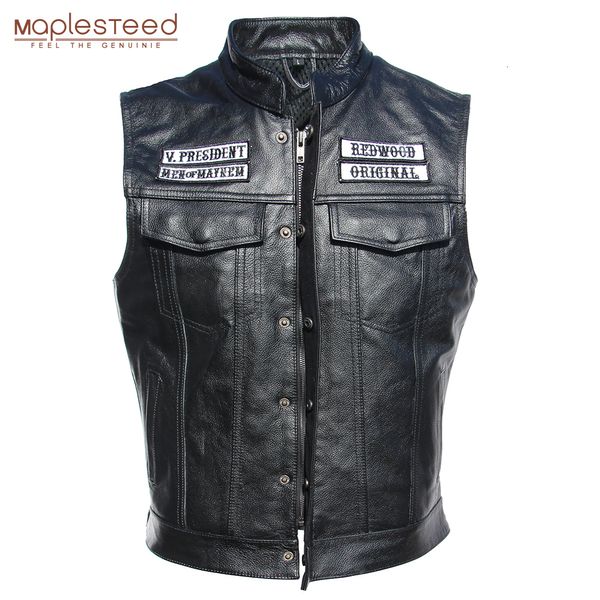 Hommes Gilets Hommes Broderie Moto Gilet En Cuir Sans Manches Veste Véritable Peau De Vache Club Équitation Biker M008 230718