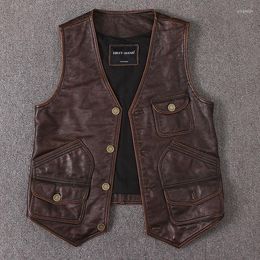 Herenvesten heren echt lederen vest vintage echte koehide mouwloze jassen fietser casual vest hoge kwaliteit