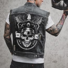 Gilets pour hommes Hommes printemps et été quatre saisons rue équitation moto punk aigle motif imprimé bord brut gilet sans manches veste en jean 230915