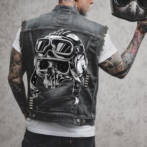 Hommes Gilets Hommes Printemps / Été En Plein Air Cyclisme Moto Punk Imprimer Motif Évider Bord Brut Sans Manches Débardeur Denim Veste 230804