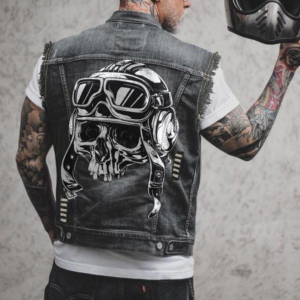 Hommes Gilets Hommes Printemps / Été En Plein Air Cyclisme Moto Punk Imprimer Motif Évider Bord Brut Sans Manches Débardeur Denim Veste 230804