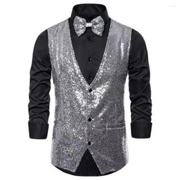 Gilets pour hommes Hommes Paillettes Gilet Performance de scène brillante avec nœud papillon Slim Fit Col V Gilet sans manches pour Compere