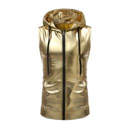 Mannen s Vesten Mannen Glanzend Zilver Goud Metallic Nachtclub Party Dance Rits Mouwloze Hoodie jas Vest Casual vest Jassen Tops Tee 230715