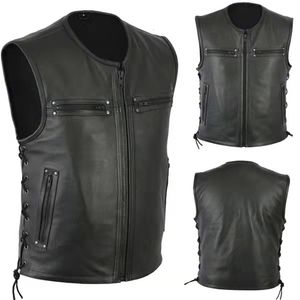 Gilets pour hommes Hommes Side Lace Denim Style Biker Moto Cuir Gilet Gun Poches 230222