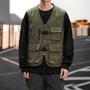 Chalecos para hombre, chaleco de carga sin mangas para hombre, chaqueta con cuello en V, Color sólido, múltiples bolsillos, cremallera, tapeta, cierre de hebilla, abrigo, ropa de senderismo