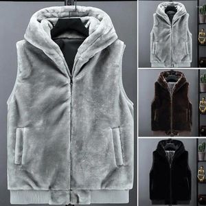 Gilets pour hommes Hommes Veste sans manches Automne Gilet d'hiver confortable Gilet en peluche fausse fourrure à capuche avec fermeture à glissière pour doux