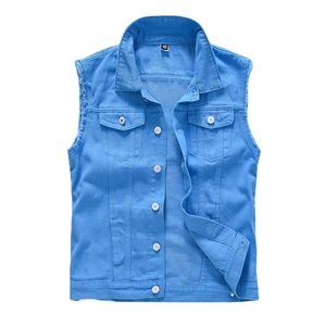 Herenvesten mannen slanke denim waistcoats blauwe vesten jassen mode man man fit denim jassen vesten straat slijtage gaten jeans vesten maat s-5xl 230817