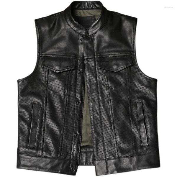 Chalecos para hombres Hombres SOA Mesh Black Motorcycle Biker Chaleco Transpirable Cuero de vaca Chaqueta sin mangas de cuero genuino de alta calidad