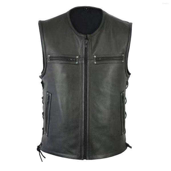 Gilets pour hommes Hommes Couleur Solide Gilet Moto Flotte Punk Cuir Manteau Sans Manches O-Cou Fermeture À Glissière Slim Veste Automne Travail Manteaux Mâle Porter