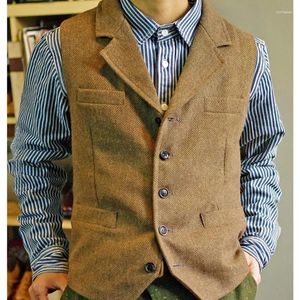 Heren Vesten Mannen Pak Bruin Klassieke Steampunk Wol Tweed Notch Revers Vest Dik Voor Bruiloft Bruidegom Banket Vest