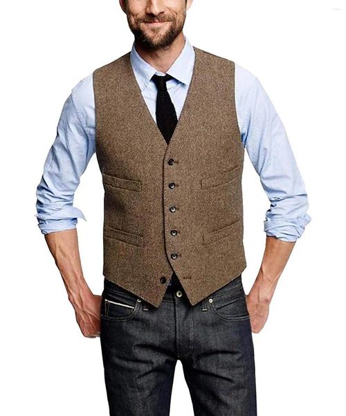 Chalecos para hombres Hombres Traje Chaleco Marrón Boda Lana Herringbone Tweed Business Chaleco Chaqueta Casual Slim Fit para Groosmen Man