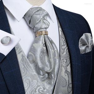 Herenvesten mannen pak vest zilver paisley bloemen zijden bruiloft vest ascot stropdas pocket square stroping ring mouwloze jas dibangu stra2222