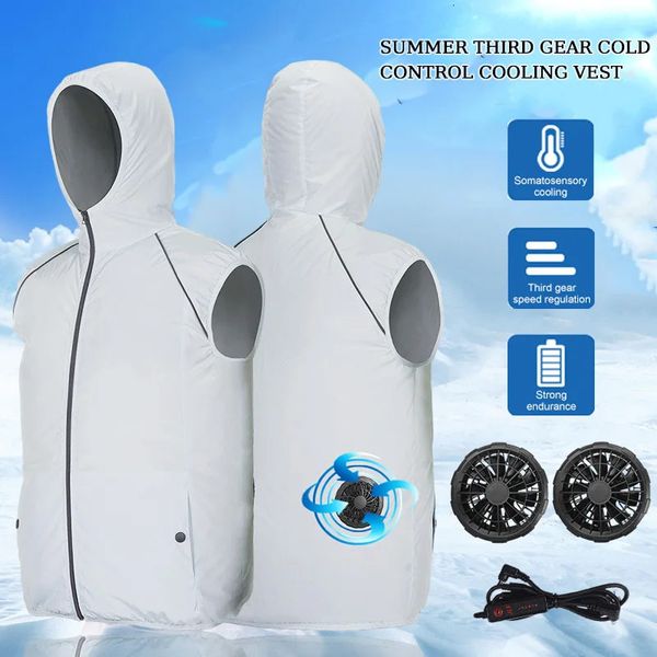 Gilets pour hommes Hommes été climatisation vêtements ventilateur gilet de refroidissement à capuche protection solaire femme sweat-shirt en plein air veste plus taille 231012