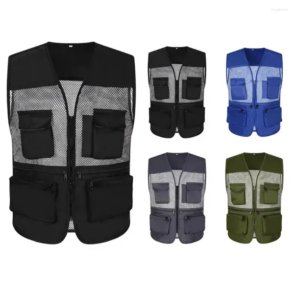 Gilets pour hommes hommes été travail gilet col en v sans manches multi poches couleur unie respirant maille fermeture éclair patte cargo gilet manteau