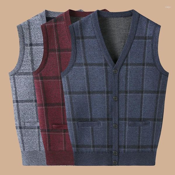 Gilets pour hommes Hommes Pull Gilet Mâle Automne Printemps Coton Tricoté Plaid Sans Manches Homme Pull Col V Top Slim Pulls Garçon R105