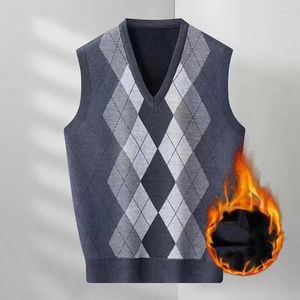 Herenvesten mannen trui vest rhombus print v-neck warm stijlvolle mouwloze gebreide kleding voor herfst winter mid-length applique