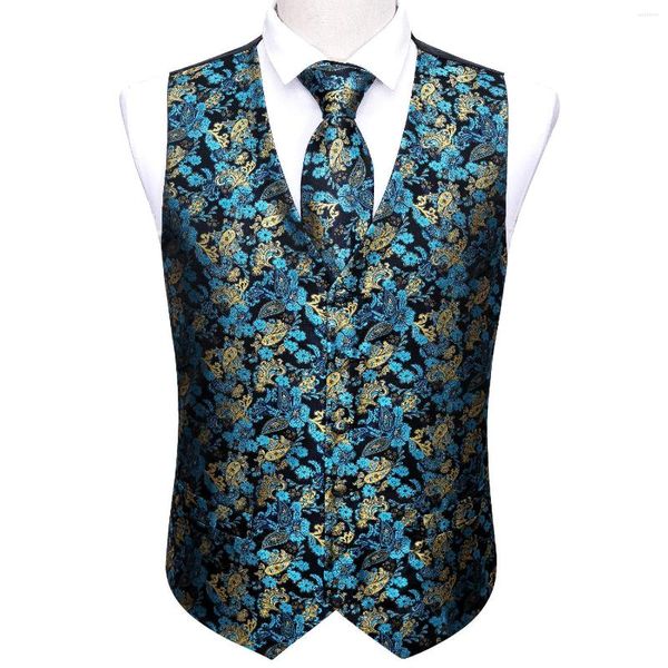 Chalecos para hombre, chaleco verde azulado para hombre, chaleco de seda azul para Jacquard Paisley Tie Hanky, conjunto de 4 piezas, chaqueta Formal para fiesta de negocios para hombre, diseño Barry.Wang