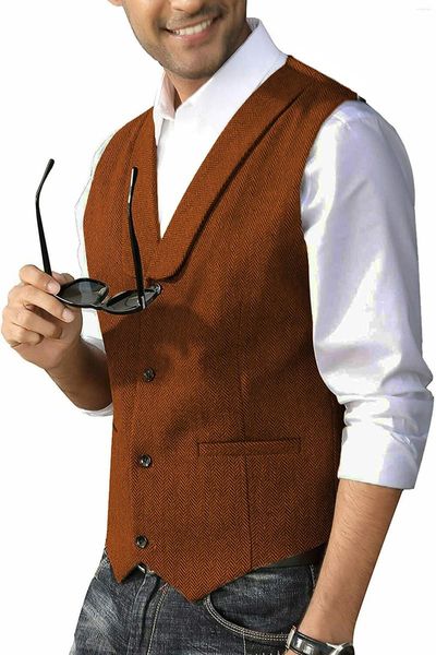 Gilets pour hommes Hommes Gilet Casual Châle Revers Laine Tweed Robe À Chevrons Gilet Pour La Fête De Mariage Dîner Costume De Banquet