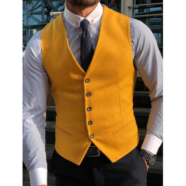 Hommes gilets hommes gilet classique coton mélangé jaune coupe ajustée costume formel gilet simple boutonnage col en V pour mariage