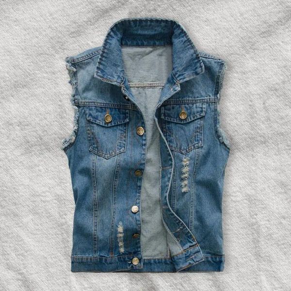 Gilets pour hommes Hommes Gilet Manteau Déchiré Sans Manches Plus Taille Poches À Boutonnage Solide Couleur Revers Hip Hop Streetwear Cardigan Doux Denim Taille