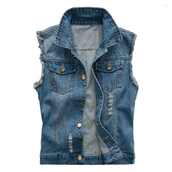 Chalecos para hombres Hombres Chaleco Abrigo Sin mangas Bolsillos de un solo pecho Solapa Hip Hop Cardigan Denim Chaleco Verano Streetwear